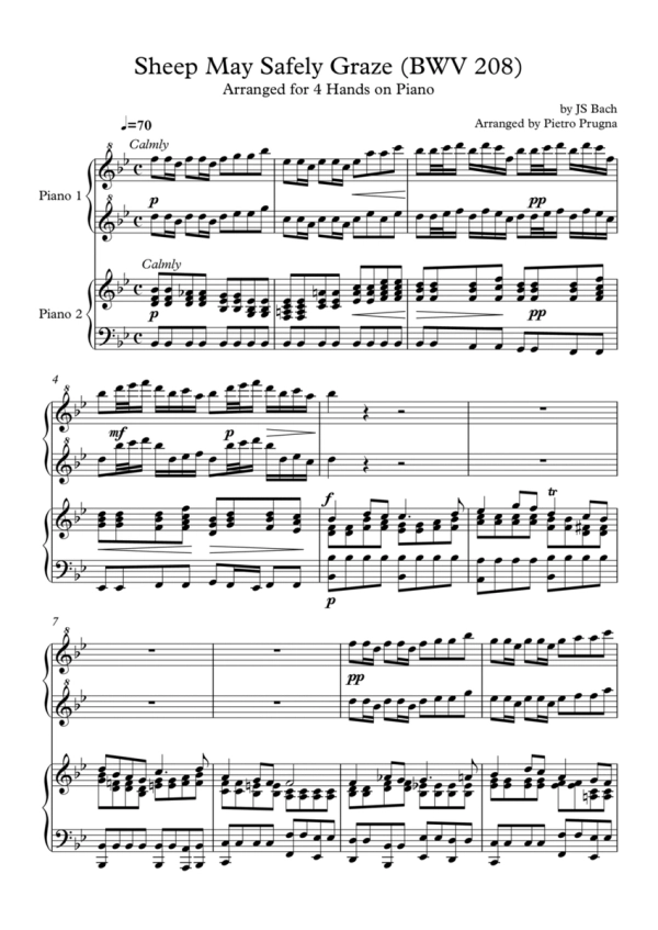 Sheep May Safely Graze (BWV 208) by JS Bach - arranged for Piano Duet